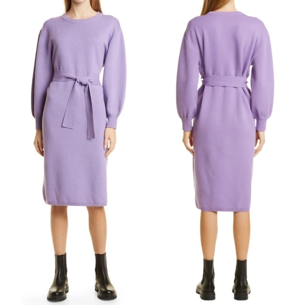NEW Boss Hugo Boss C Fusiana Long Sleeve Belted Knit Shift Dress in Purple Sz. L